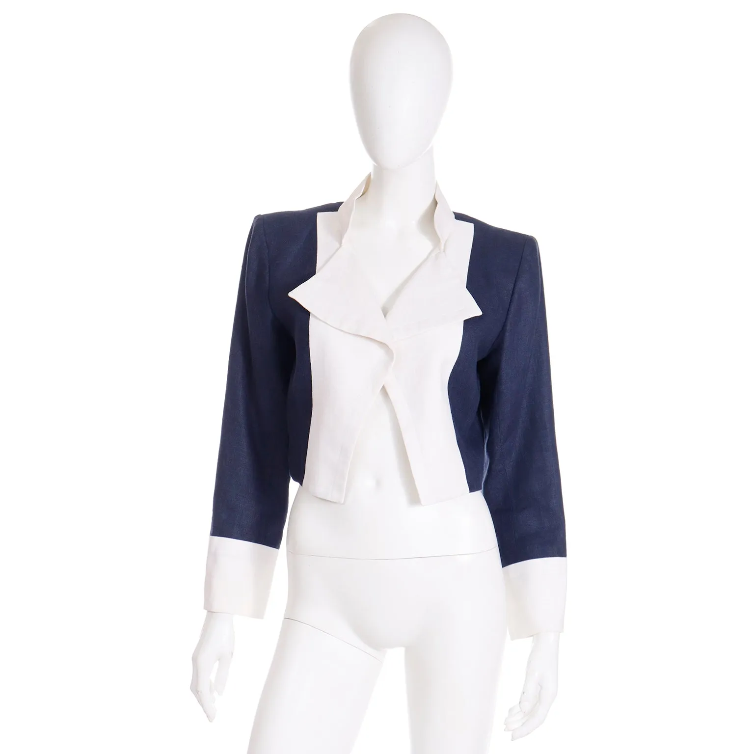 1990s Yves Saint Laurent Rive Gauche Navy Blue & White Cropped Jacket