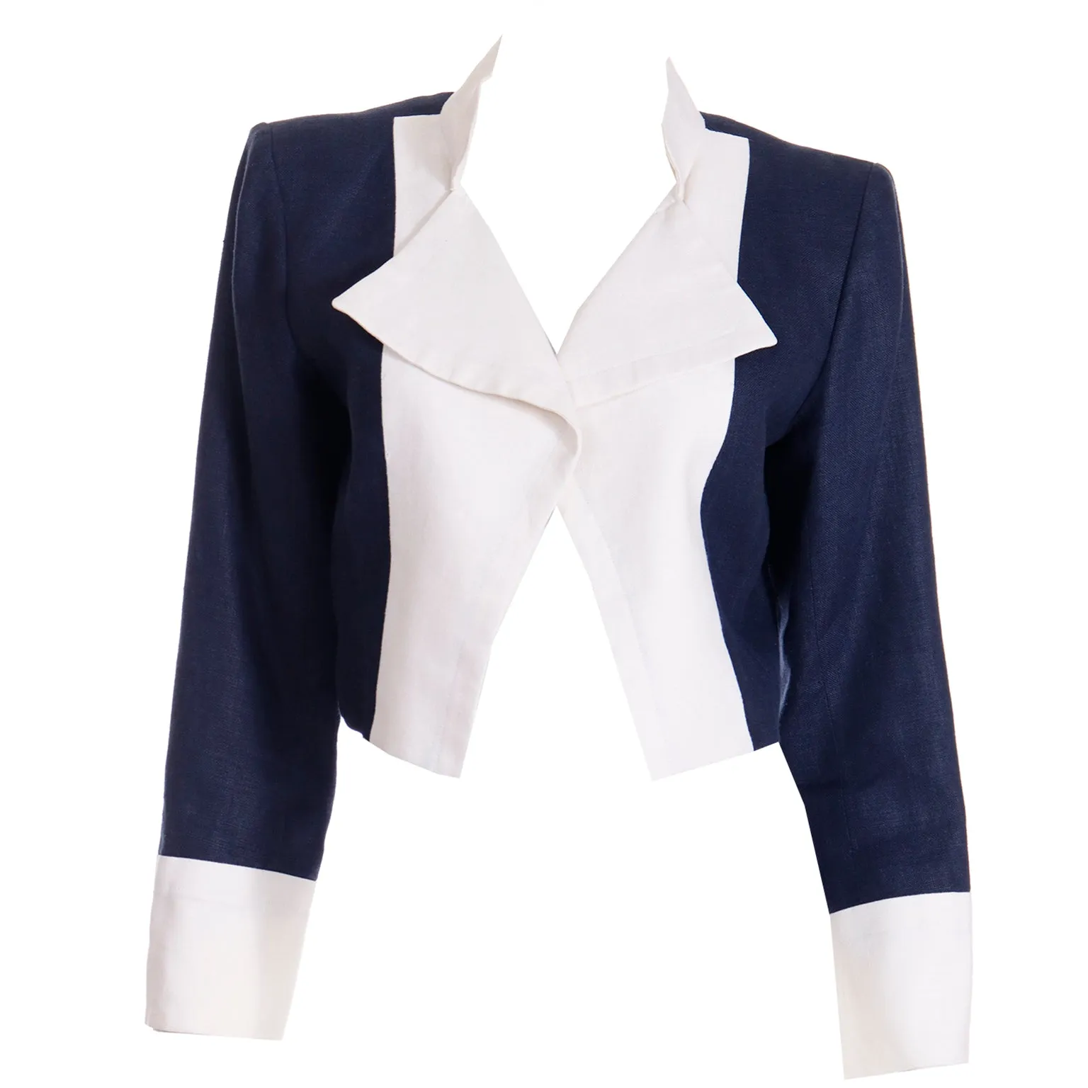 1990s Yves Saint Laurent Rive Gauche Navy Blue & White Cropped Jacket