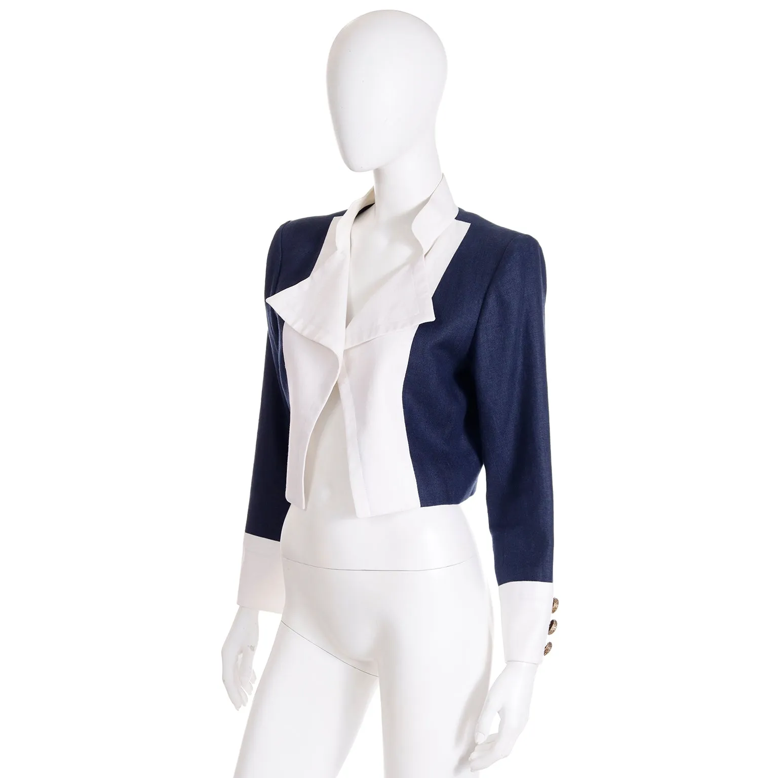 1990s Yves Saint Laurent Rive Gauche Navy Blue & White Cropped Jacket