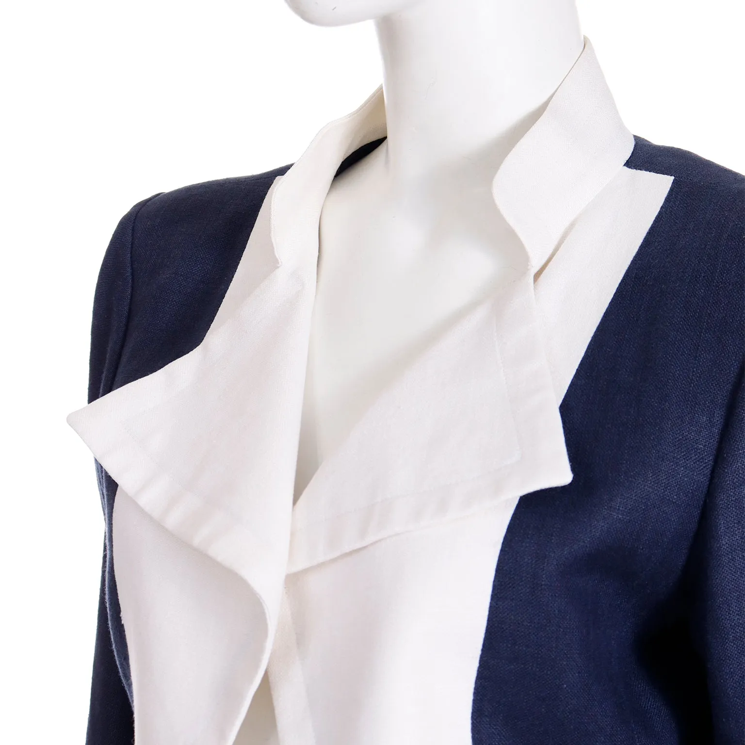 1990s Yves Saint Laurent Rive Gauche Navy Blue & White Cropped Jacket