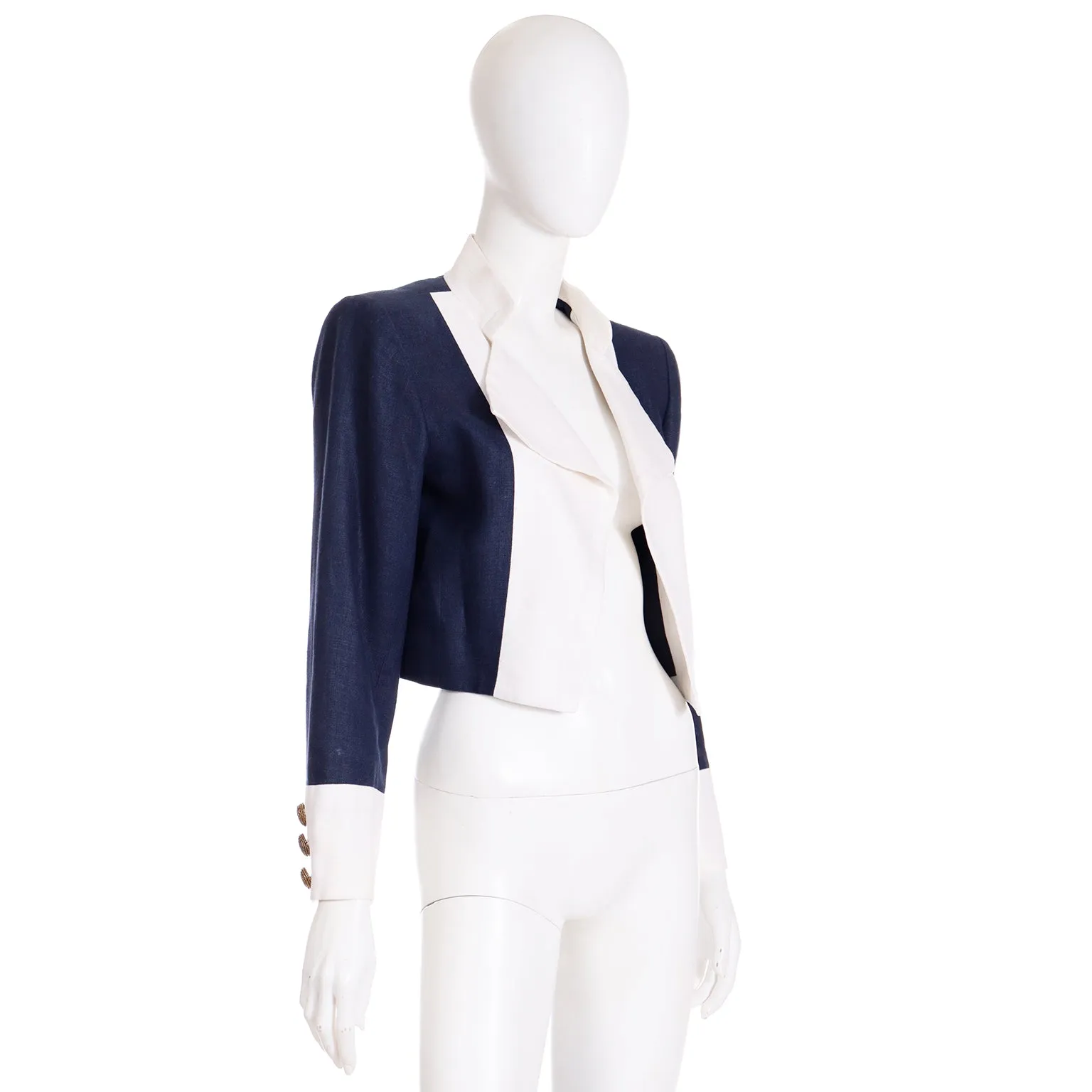 1990s Yves Saint Laurent Rive Gauche Navy Blue & White Cropped Jacket