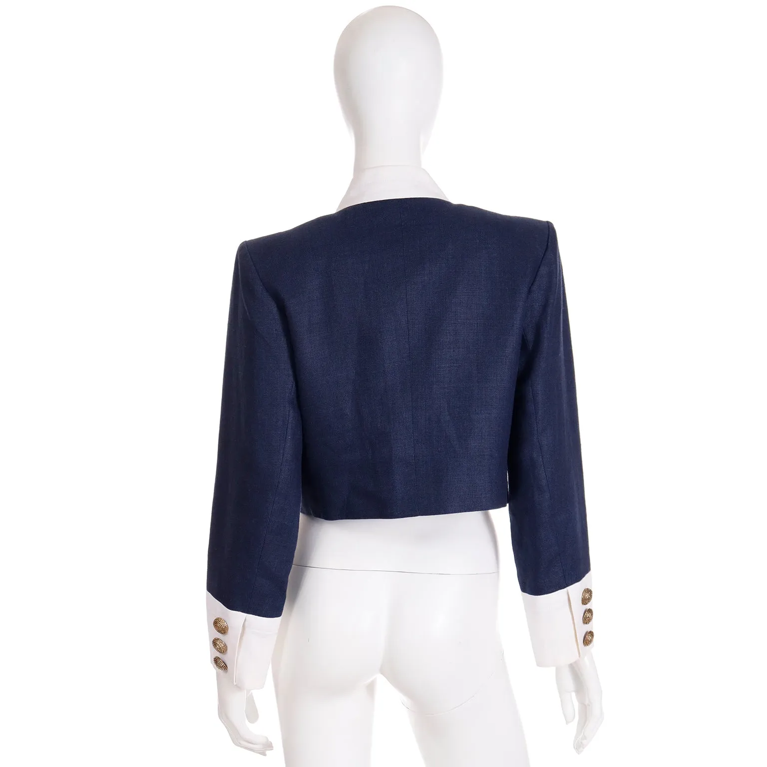 1990s Yves Saint Laurent Rive Gauche Navy Blue & White Cropped Jacket