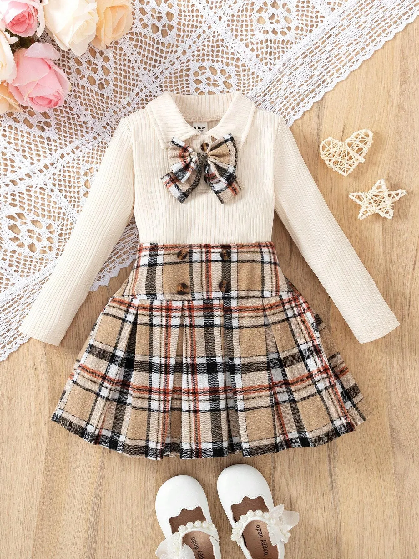 2pcs/Set Girls School Uniform Outfits, Including Collared Knit Long Sleeve Sweater With Bow Accent And Plaid Skirt, Fall/Winter