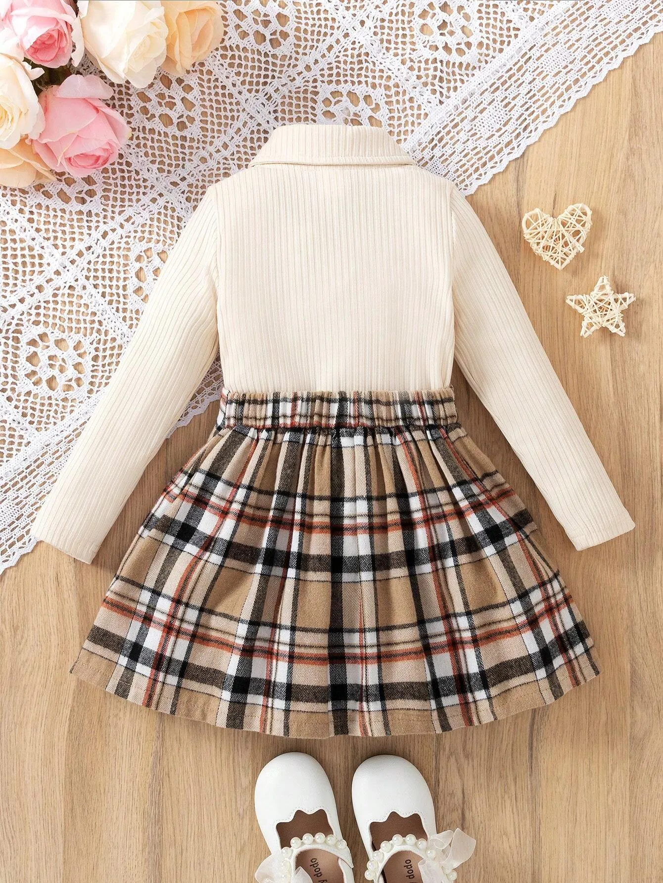 2pcs/Set Girls School Uniform Outfits, Including Collared Knit Long Sleeve Sweater With Bow Accent And Plaid Skirt, Fall/Winter