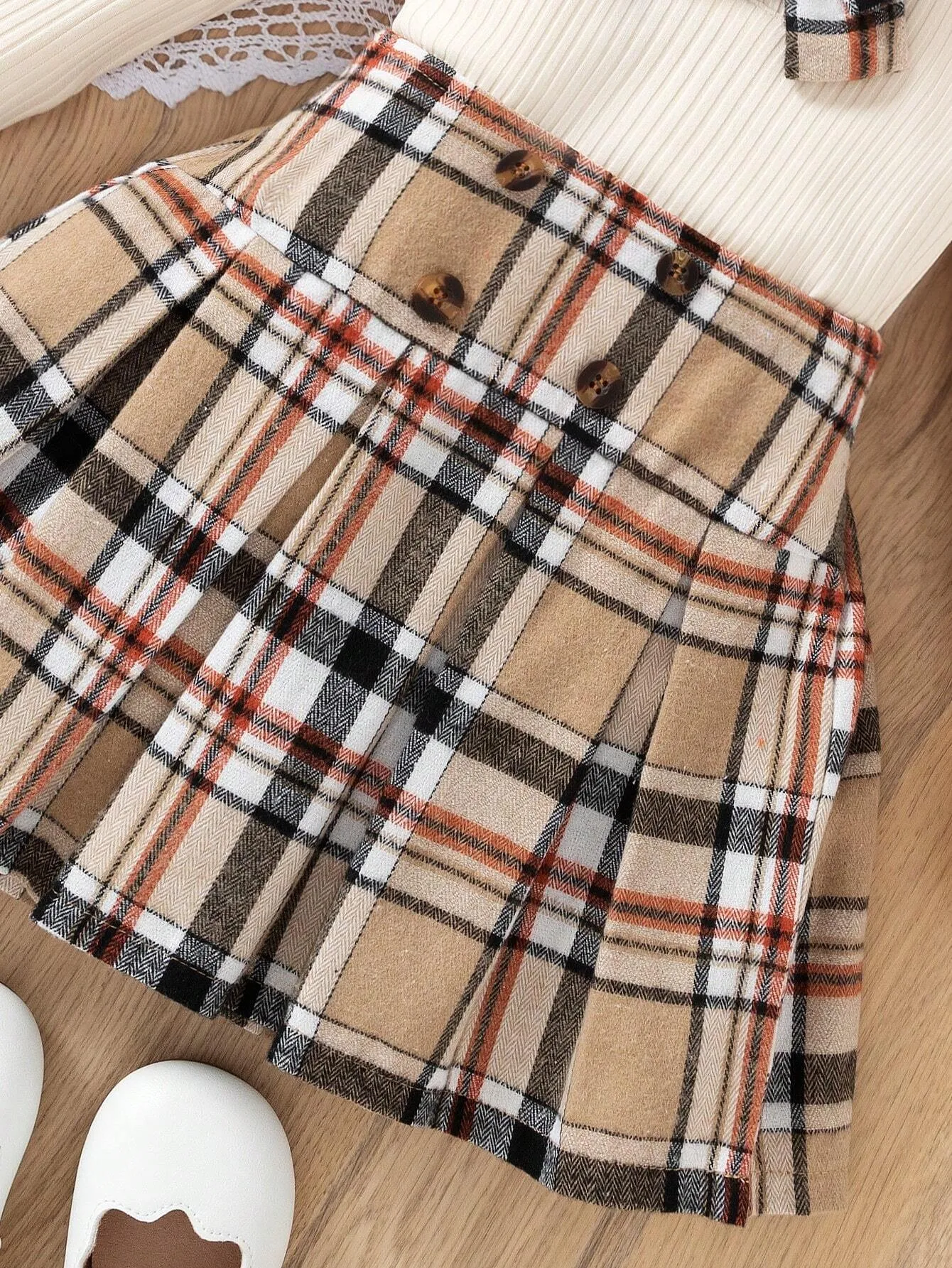 2pcs/Set Girls School Uniform Outfits, Including Collared Knit Long Sleeve Sweater With Bow Accent And Plaid Skirt, Fall/Winter