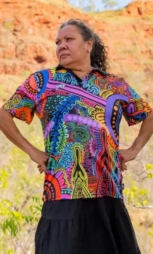 Aboriginal Art Ladies Fitted Polo Woka Land-Ground