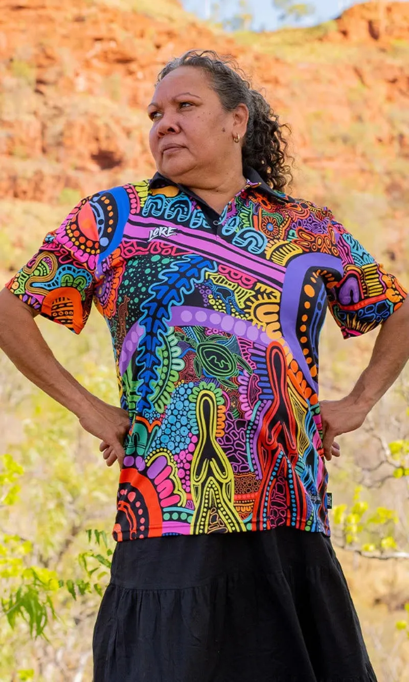 Aboriginal Art Ladies Fitted Polo Woka Land-Ground