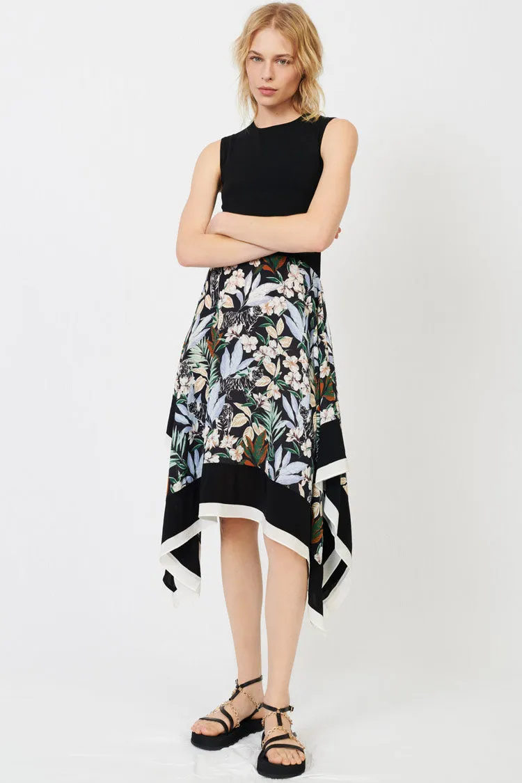 Asymmetric Handkerchief Hem Floral Print French Sleeveless Dress - Black