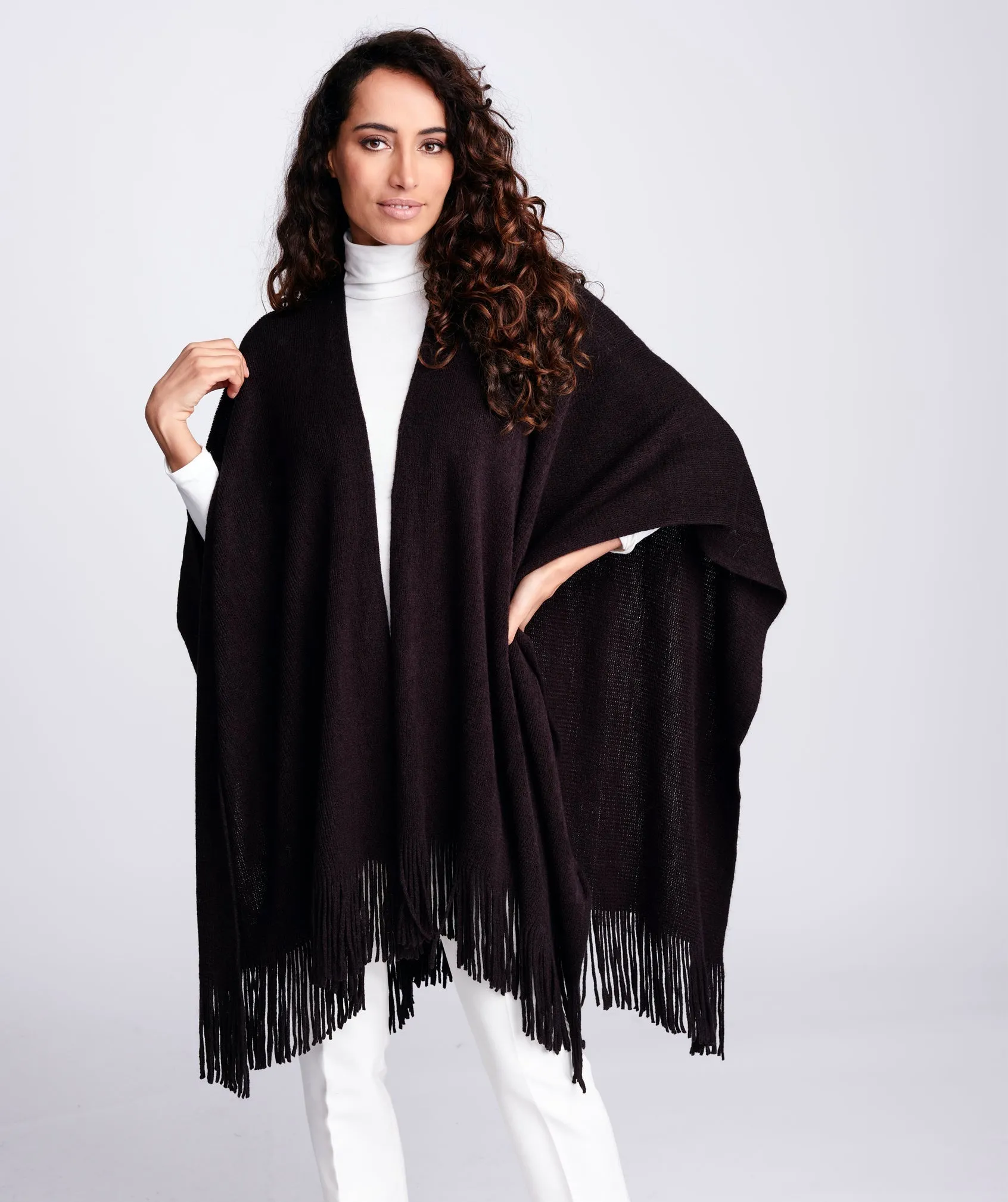 Black Fine Ribbed Fringed Ladies Wrap for Layering