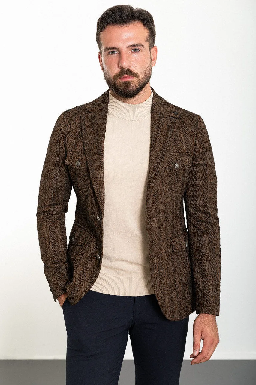 Bojoni Torretta Slim Fit Brown Patterned Blazer