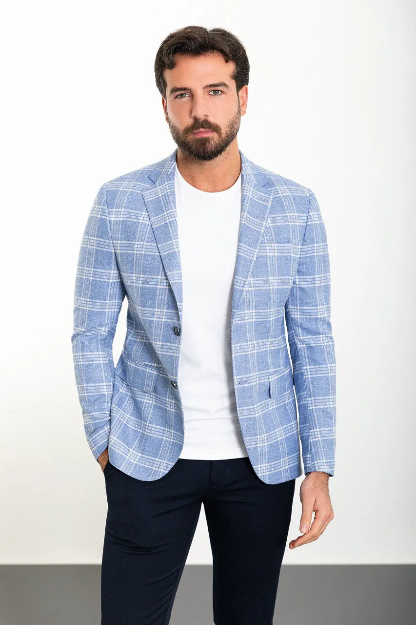 Bojoni Torretta Slim Fit Ice Blue Plaid Blazer