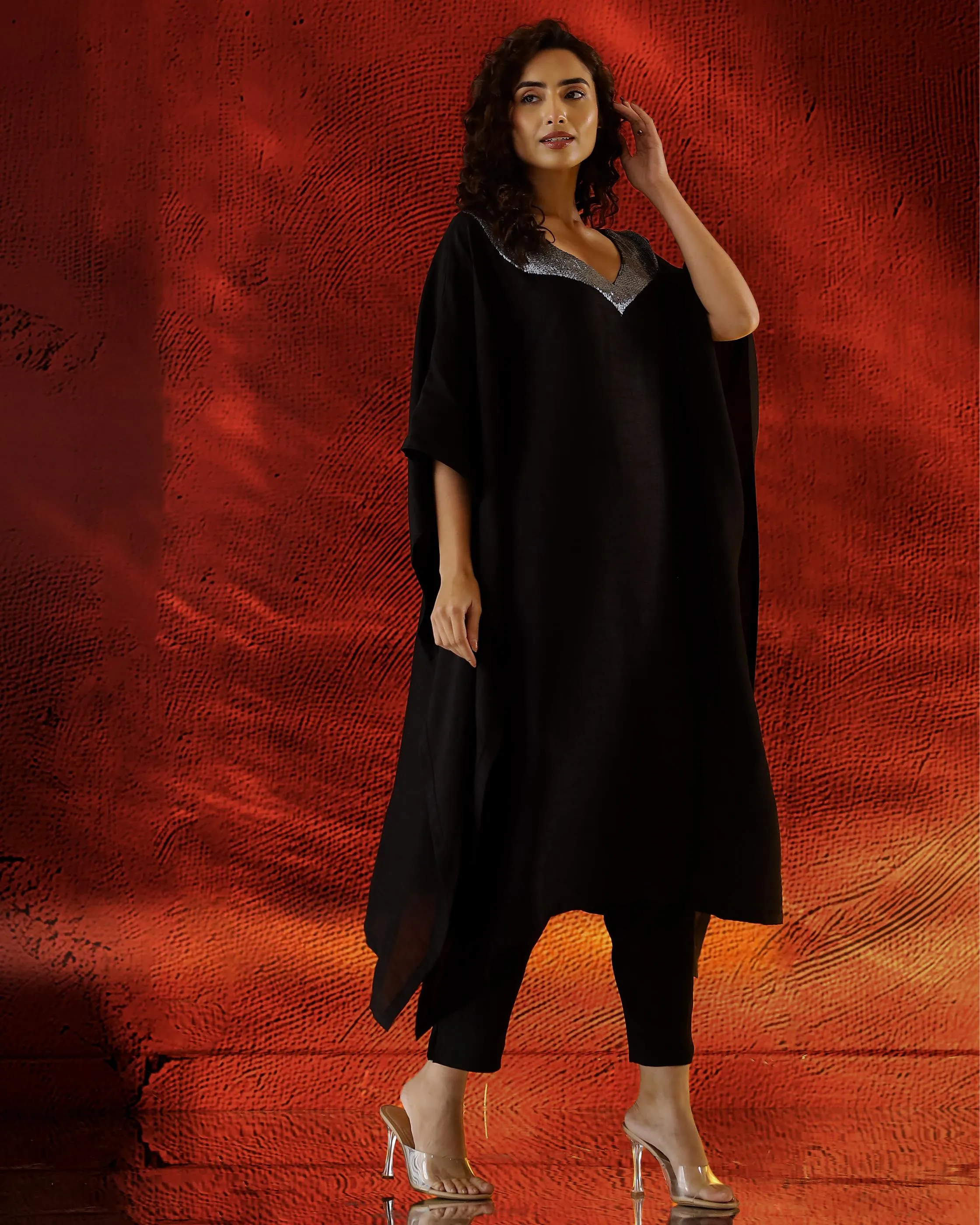 Classic Black Raw Silk Kaftan Set