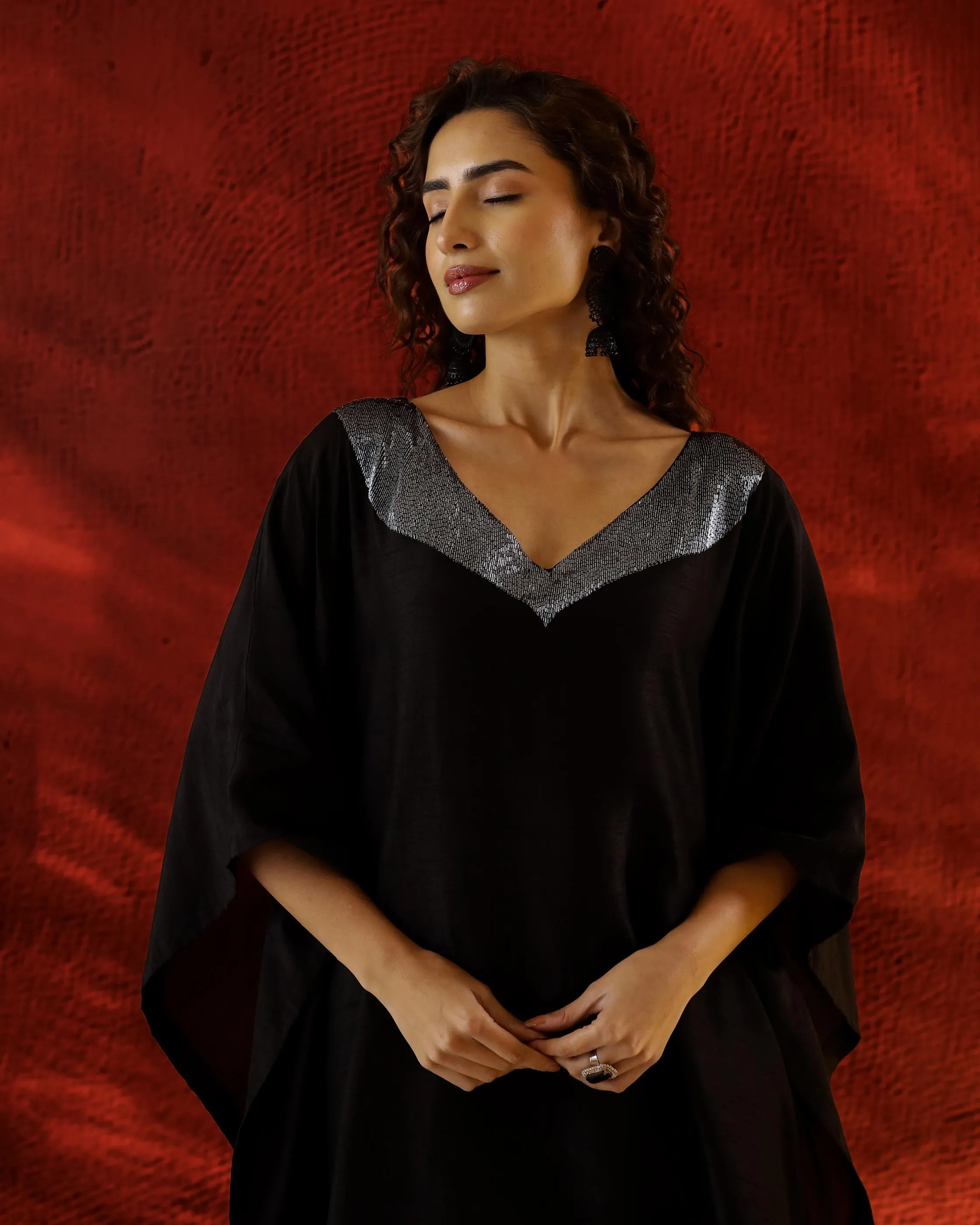 Classic Black Raw Silk Kaftan Set