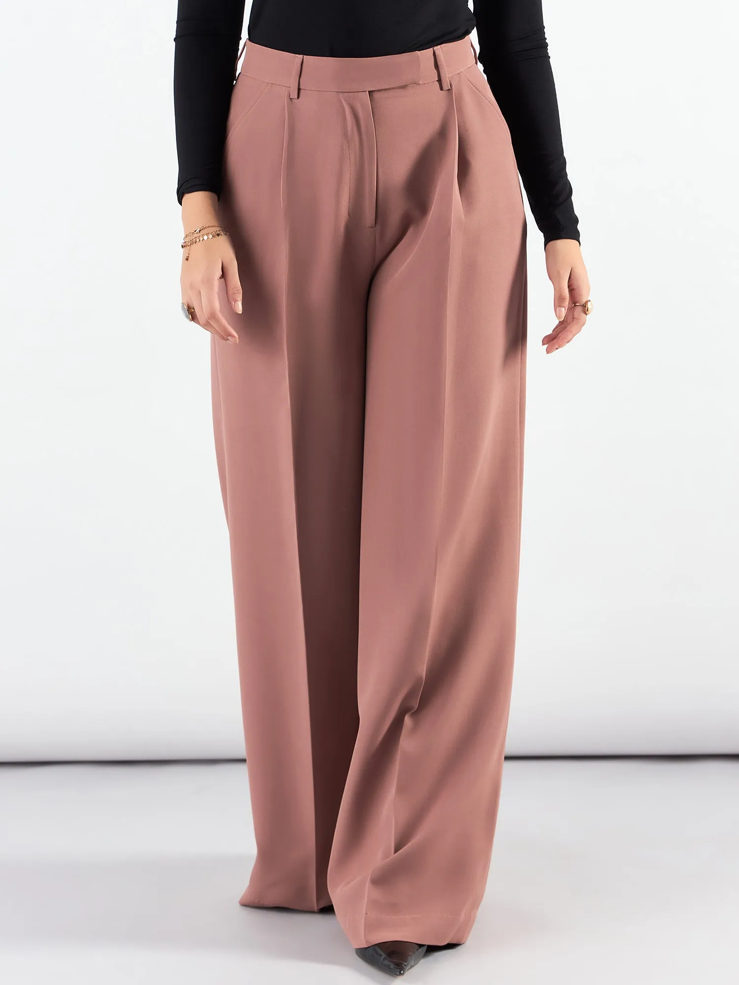 Dusty Peach Classic Relaxed Straight Fit High Waist Wide Leg Trouser In Stretchable Fabric