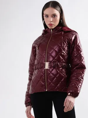 Elle Women Maroon Solid Hooded Full Sleeves Quilted Jacket