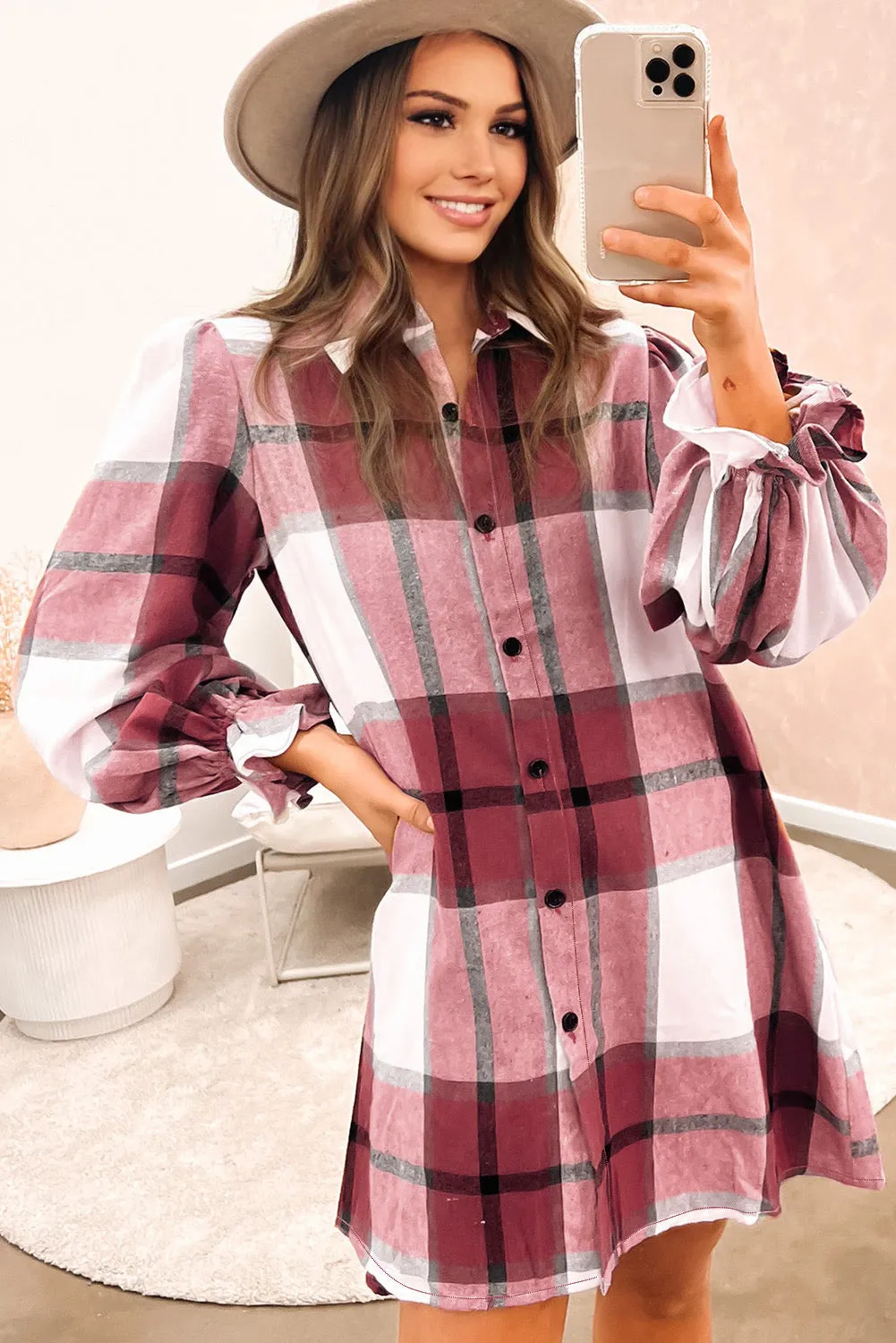 Flannel Shift Dress - Burgundy