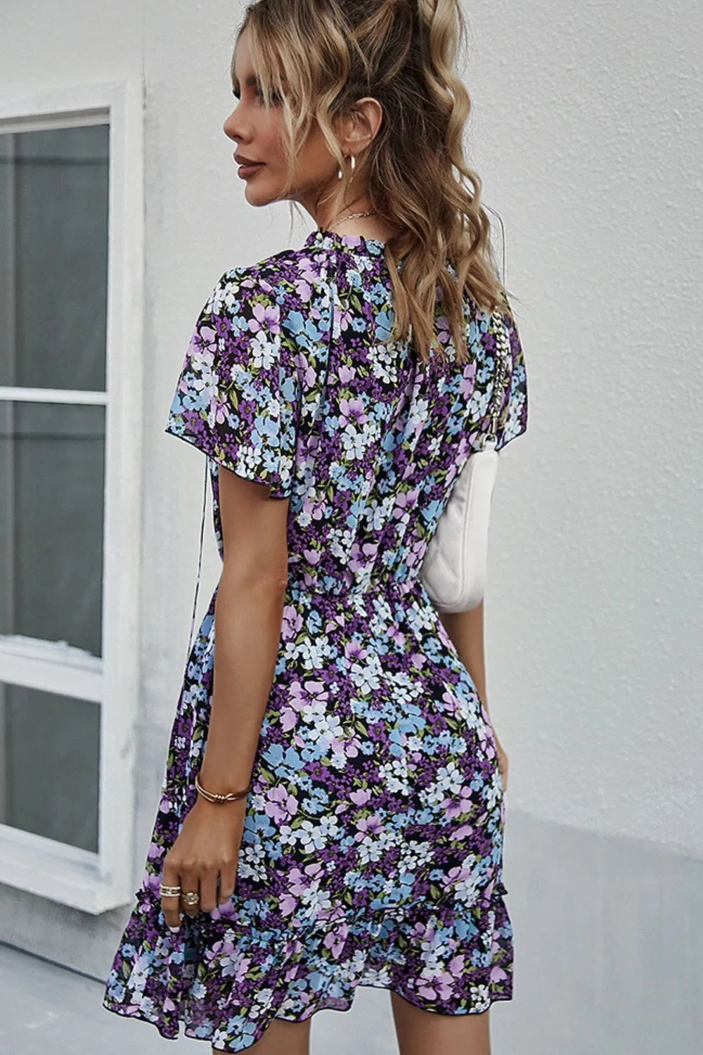 Floral Tie-Neck Flutter Sleeve Mini Dress