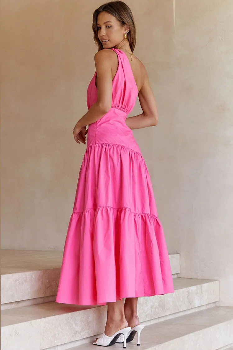 Flowy One Shoulder Tiered Beach Vacation Midi Dress - Rose