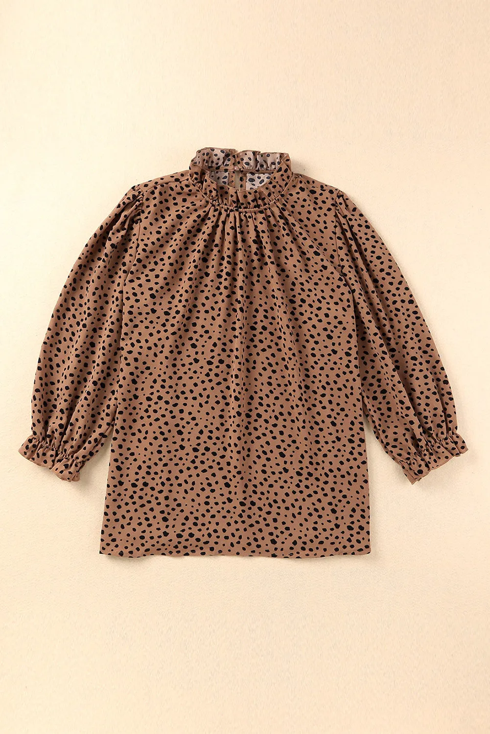 Frilled 3/4 Sleeves Leopard Printed Mock Neck Blouses Top