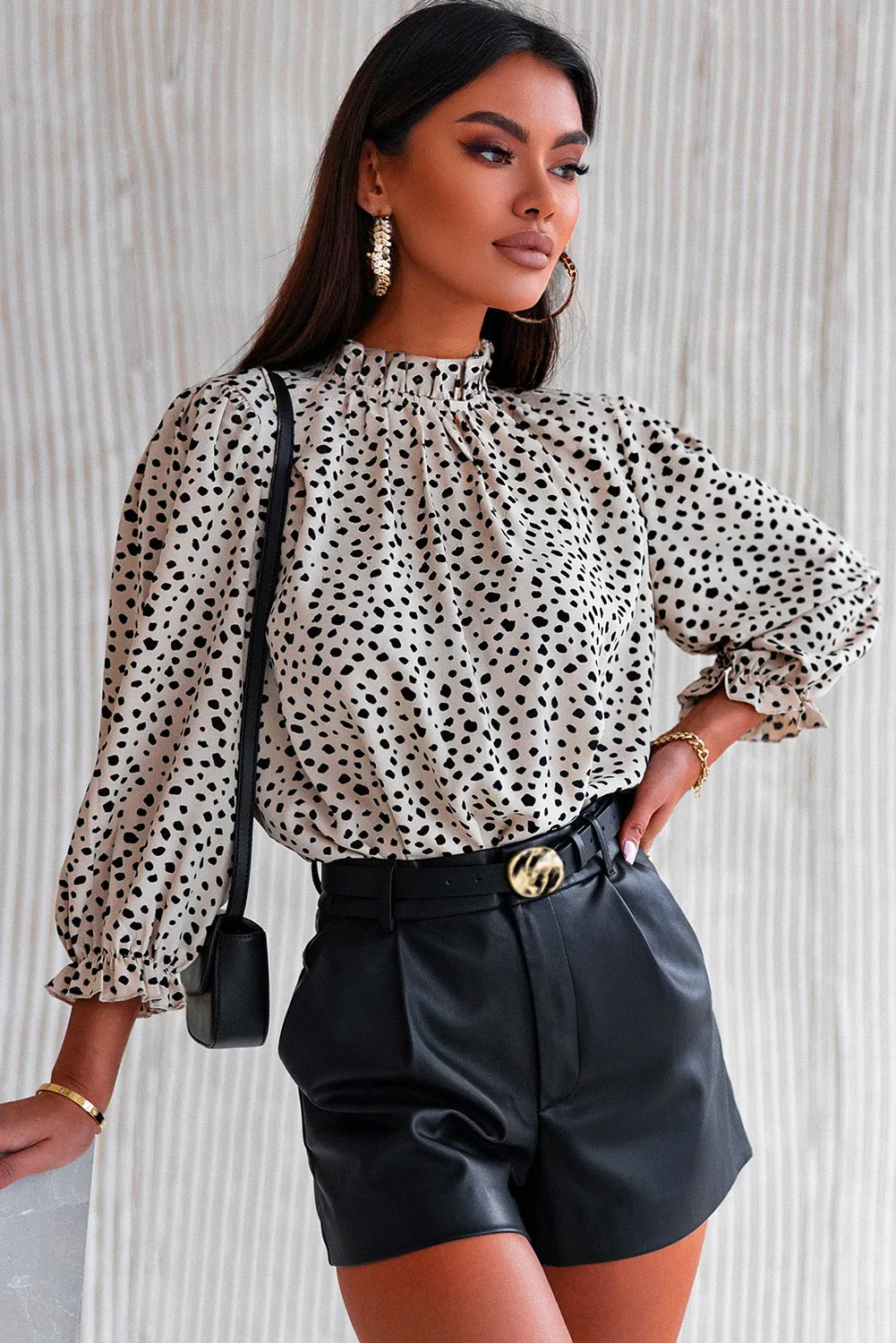 Frilled 3/4 Sleeves Leopard Printed Mock Neck Blouses Top