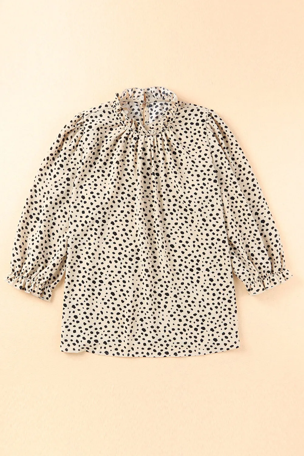 Frilled 3/4 Sleeves Leopard Printed Mock Neck Blouses Top