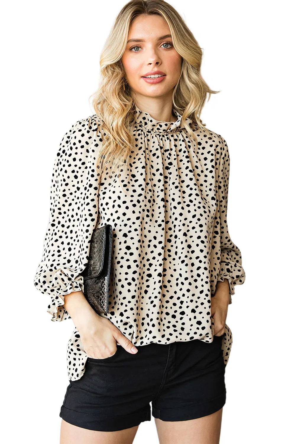 Frilled 3/4 Sleeves Leopard Printed Mock Neck Blouses Top