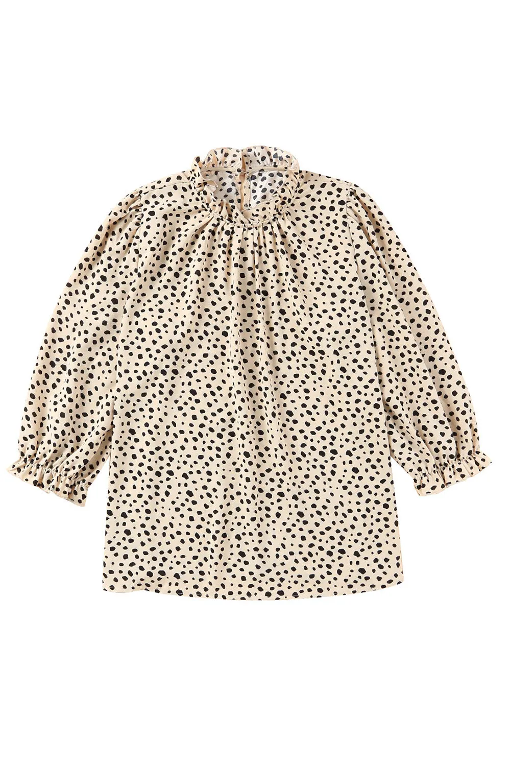 Frilled 3/4 Sleeves Leopard Printed Mock Neck Blouses Top