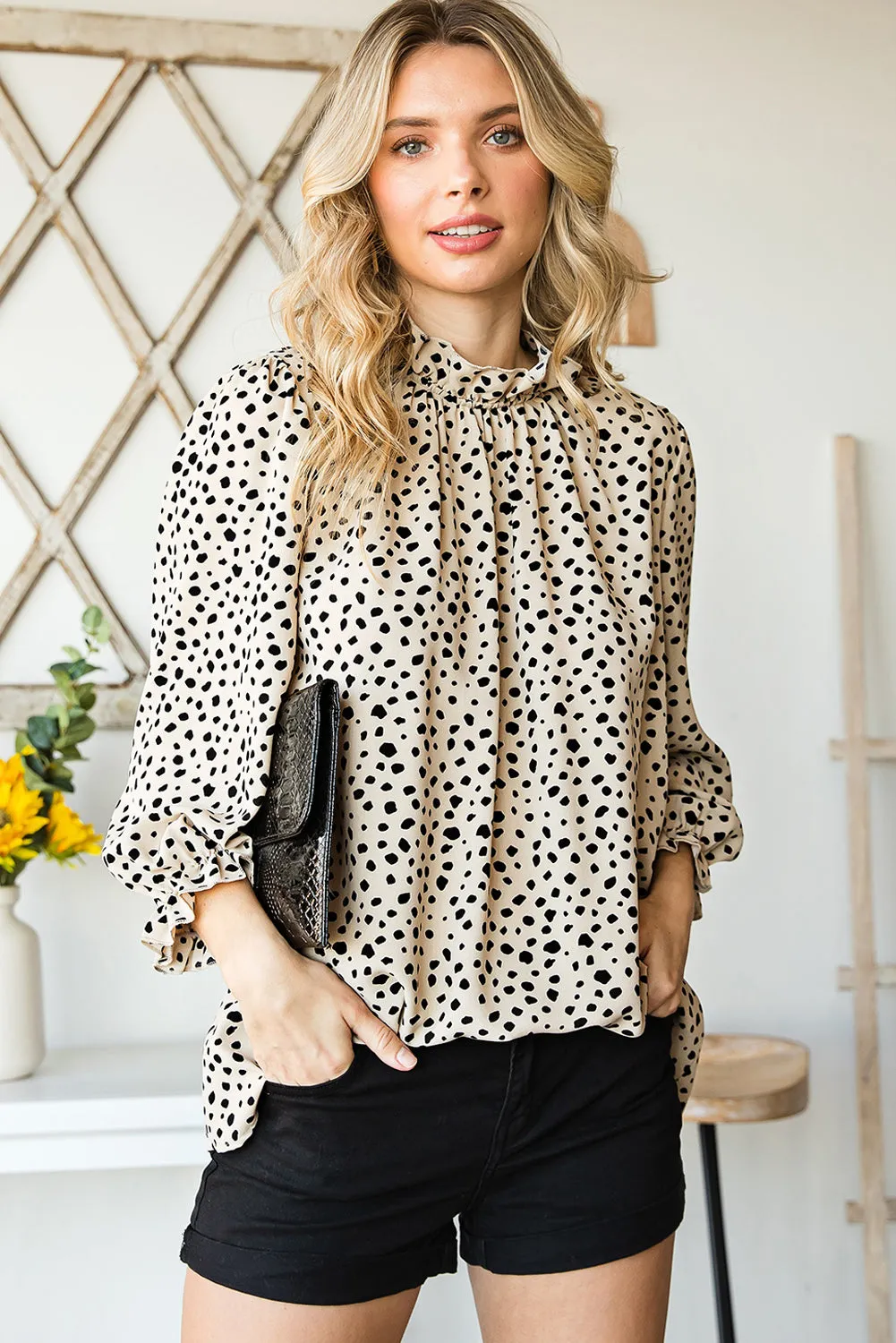 Frilled 3/4 Sleeves Leopard Printed Mock Neck Blouses Top