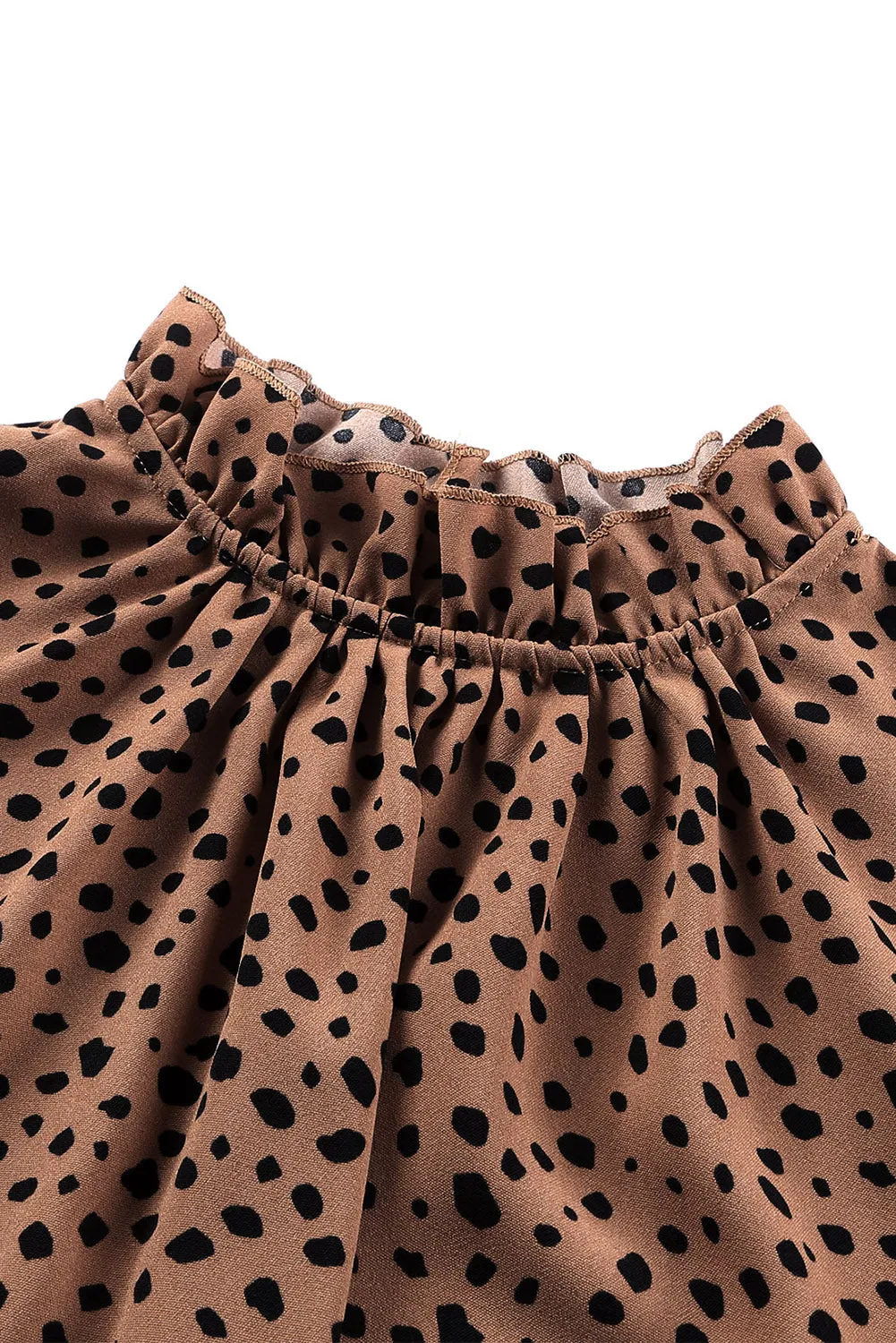 Frilled 3/4 Sleeves Leopard Printed Mock Neck Blouses Top