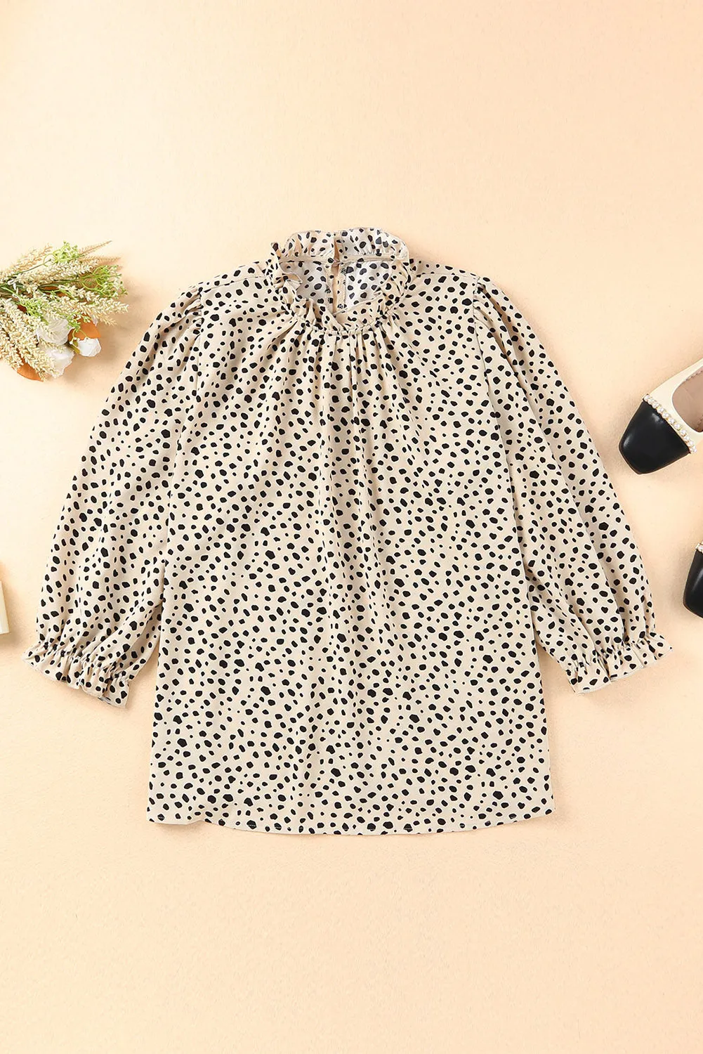 Frilled 3/4 Sleeves Leopard Printed Mock Neck Blouses Top