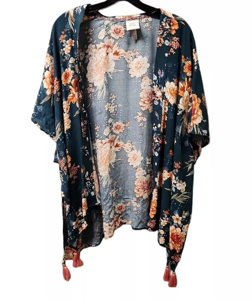 Knox Rose Women Green Floral Kimono Cardigan Tassel Open Front, Size M/L