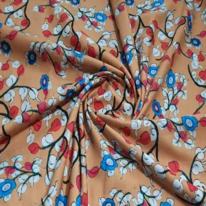 Peach Floral Print Cotton Linen Fabric