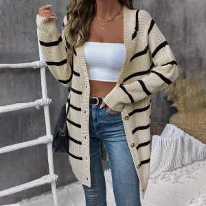 PEOPLETERRITORY European, American autumn and winter striped loose cardigan sweater   women's casual versatile sweater top