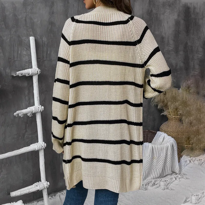 PEOPLETERRITORY European, American autumn and winter striped loose cardigan sweater   women's casual versatile sweater top