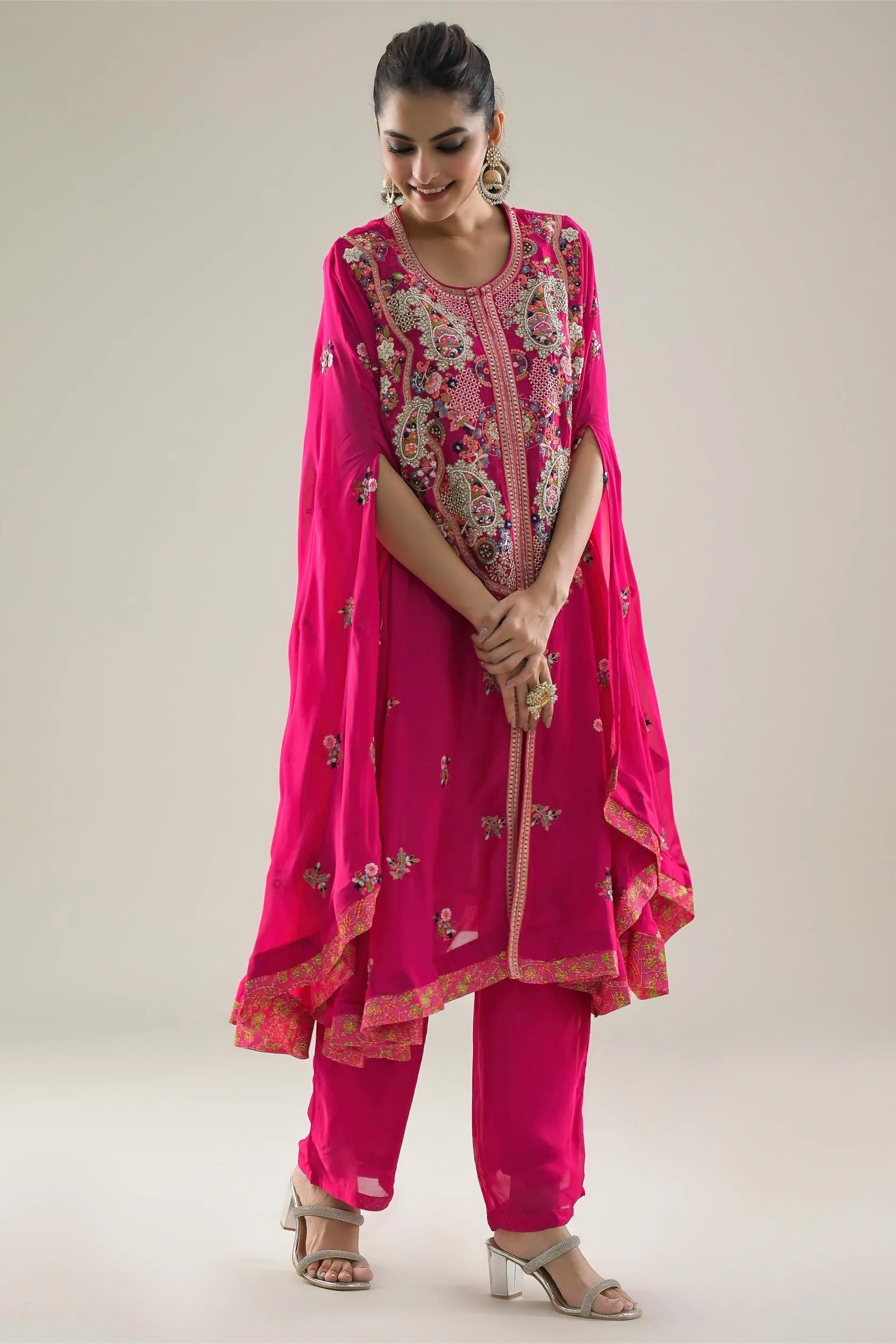 Rani Pink Embroidered Chinon Silk Kaftan Set