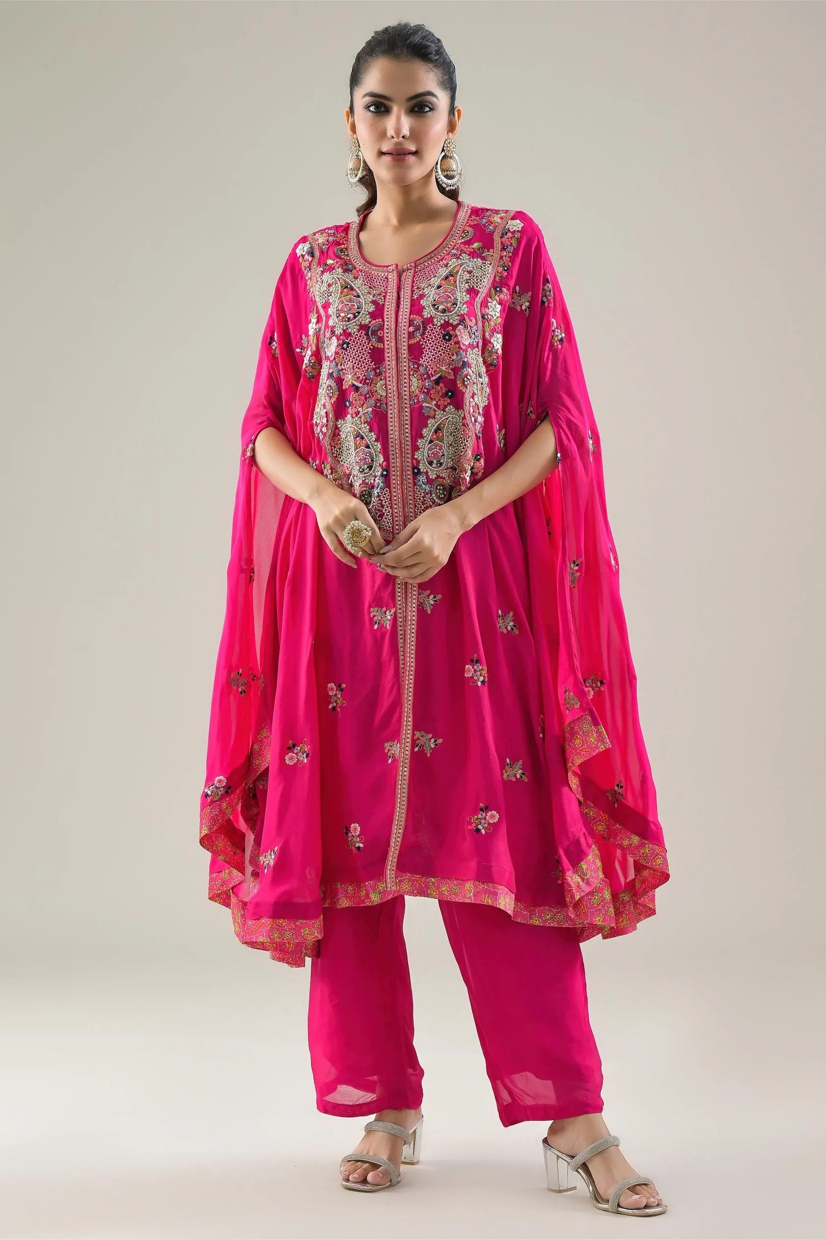 Rani Pink Embroidered Chinon Silk Kaftan Set