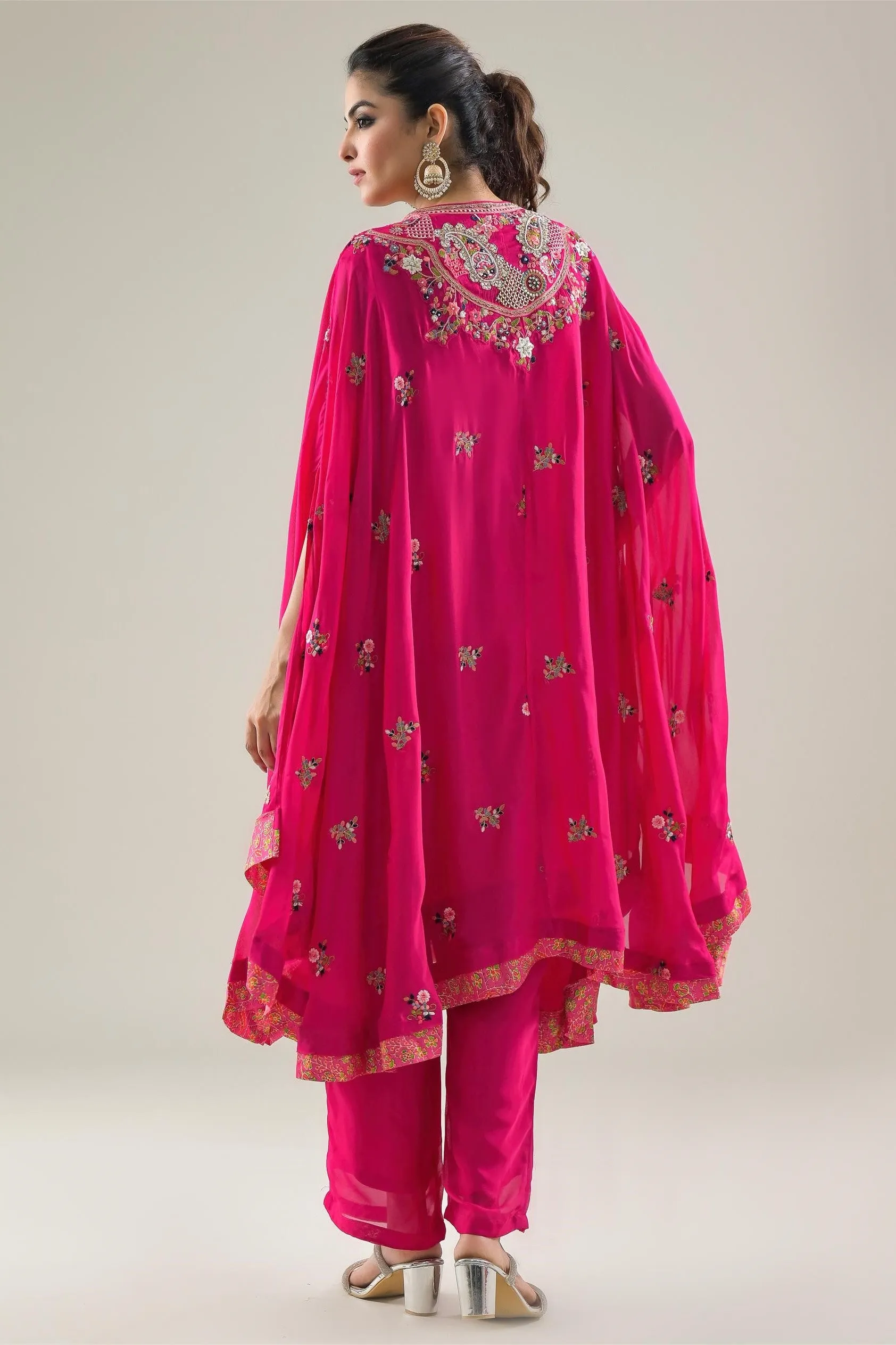 Rani Pink Embroidered Chinon Silk Kaftan Set