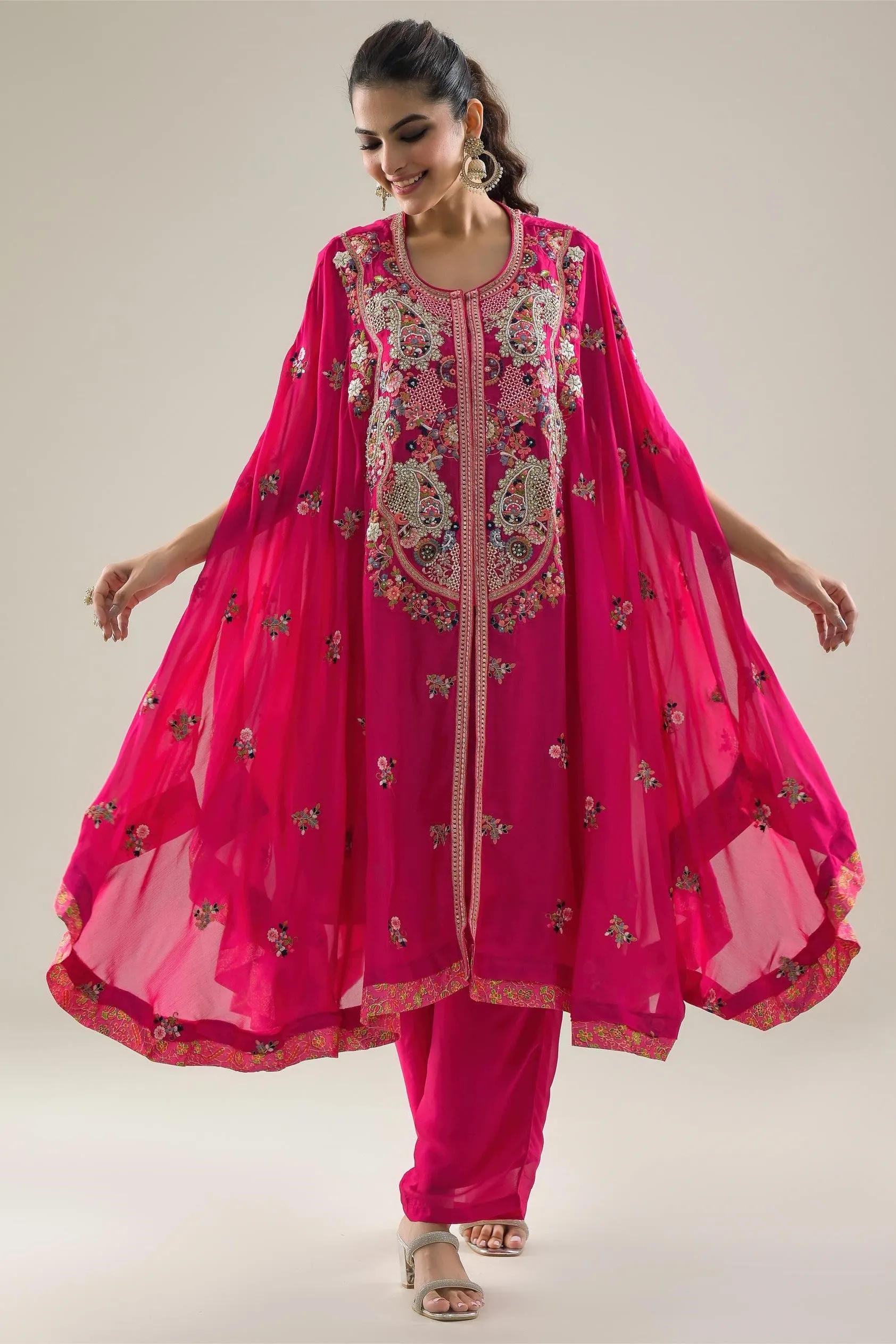 Rani Pink Embroidered Chinon Silk Kaftan Set