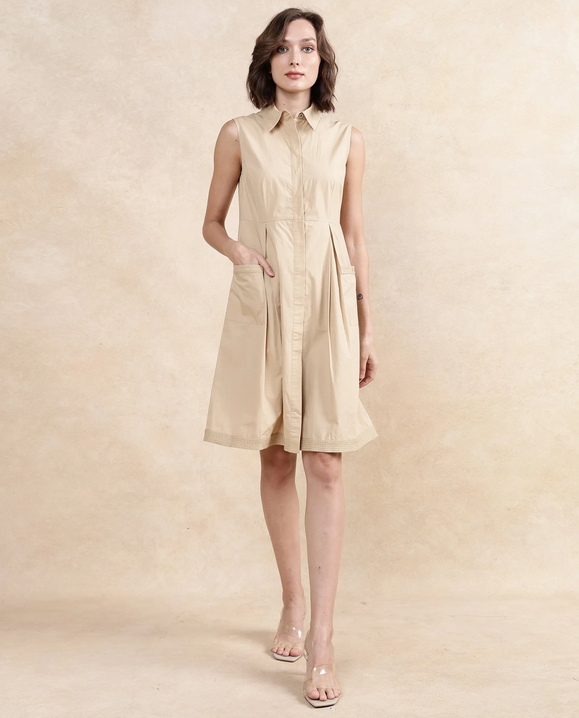 Rareism Women Qba Light Sand Cotton Fabric Sleeveless Collared Neck Button Closure A-Line Midi Plain Dress