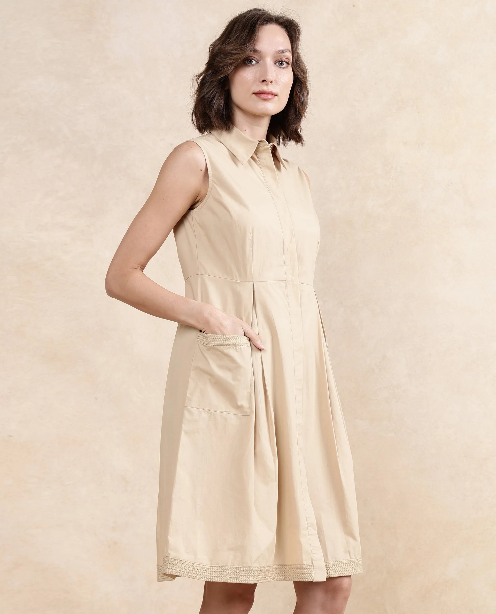 Rareism Women Qba Light Sand Cotton Fabric Sleeveless Collared Neck Button Closure A-Line Midi Plain Dress