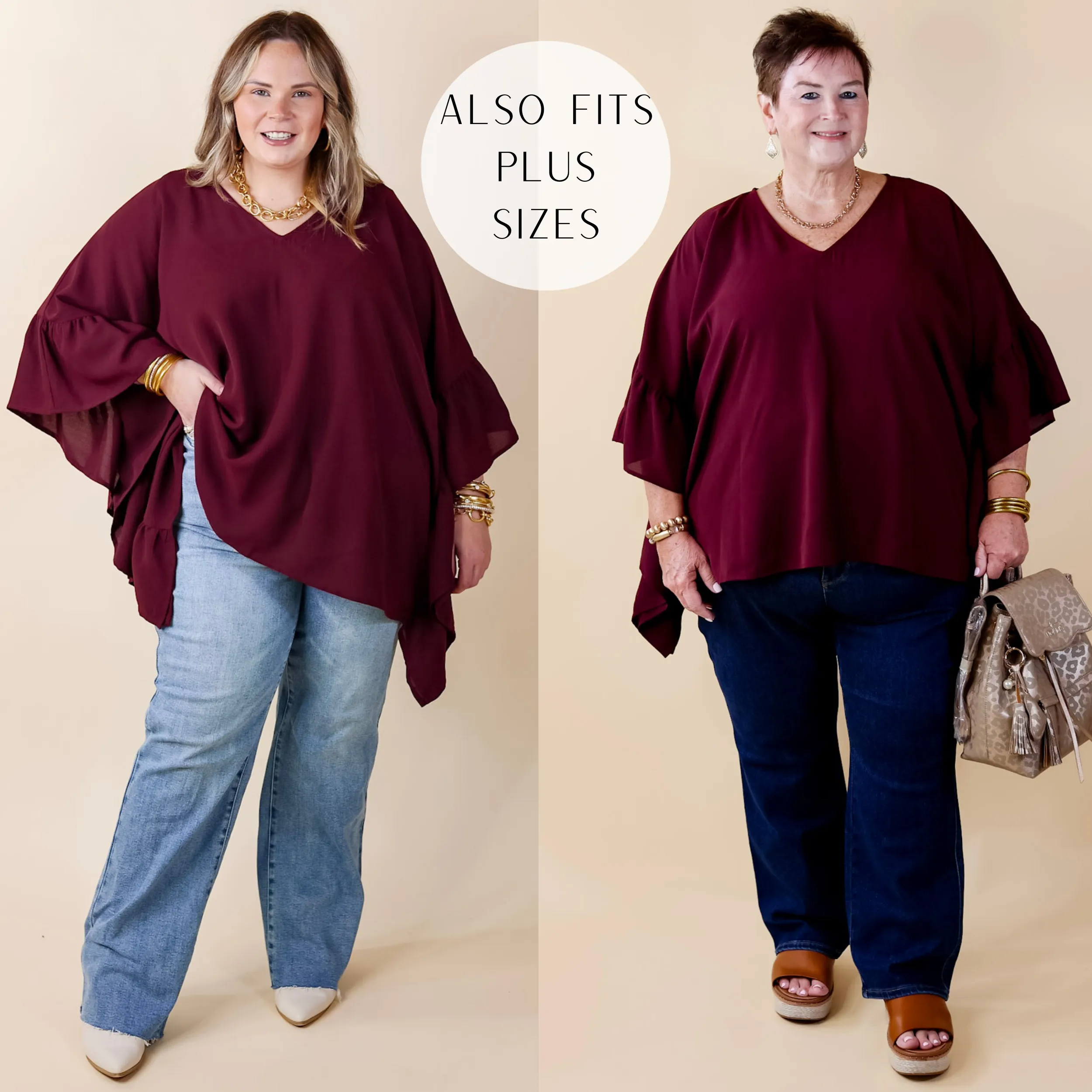 Secret Strength Ruffle Detail Poncho Top in Maroon