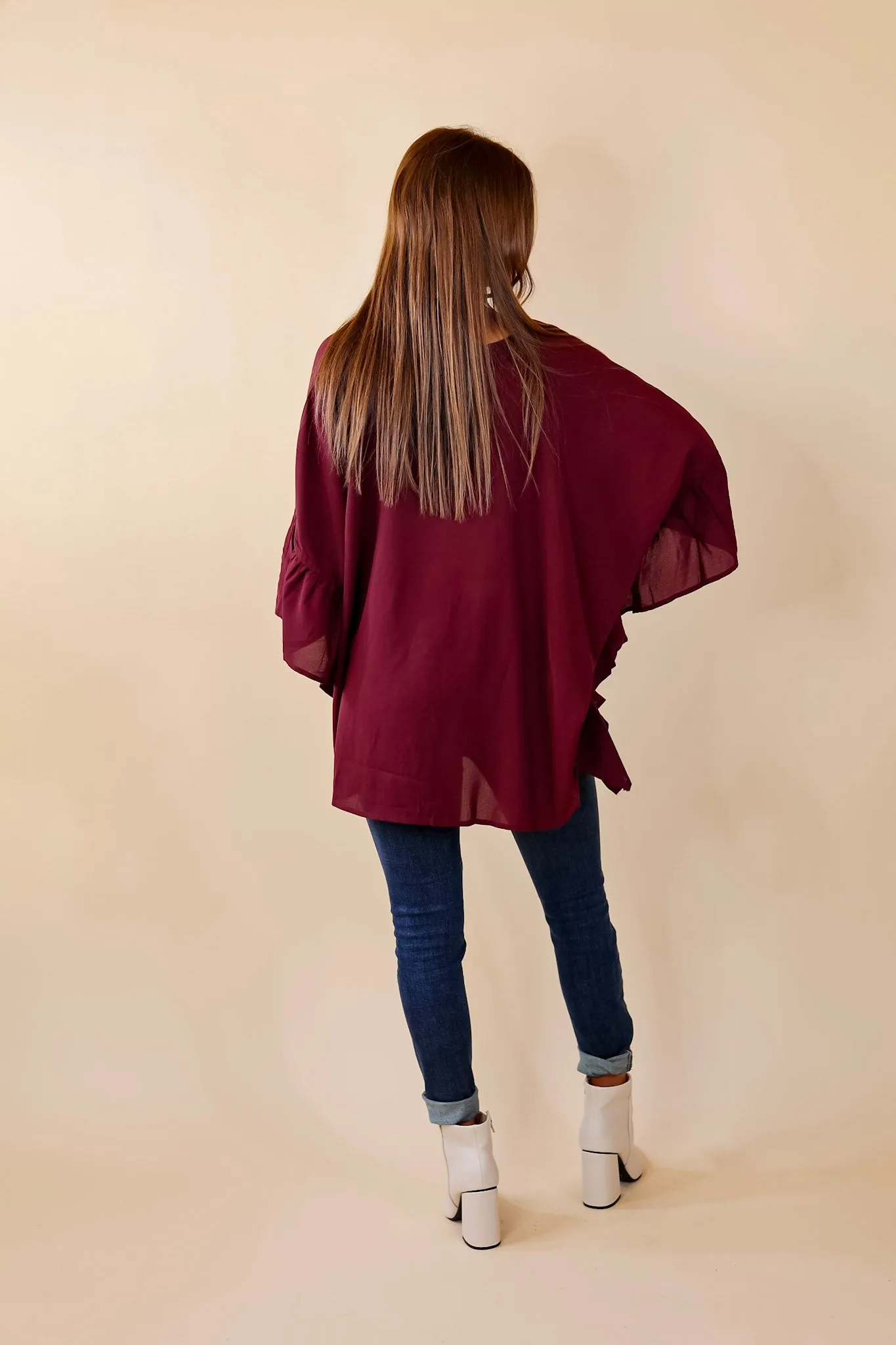 Secret Strength Ruffle Detail Poncho Top in Maroon