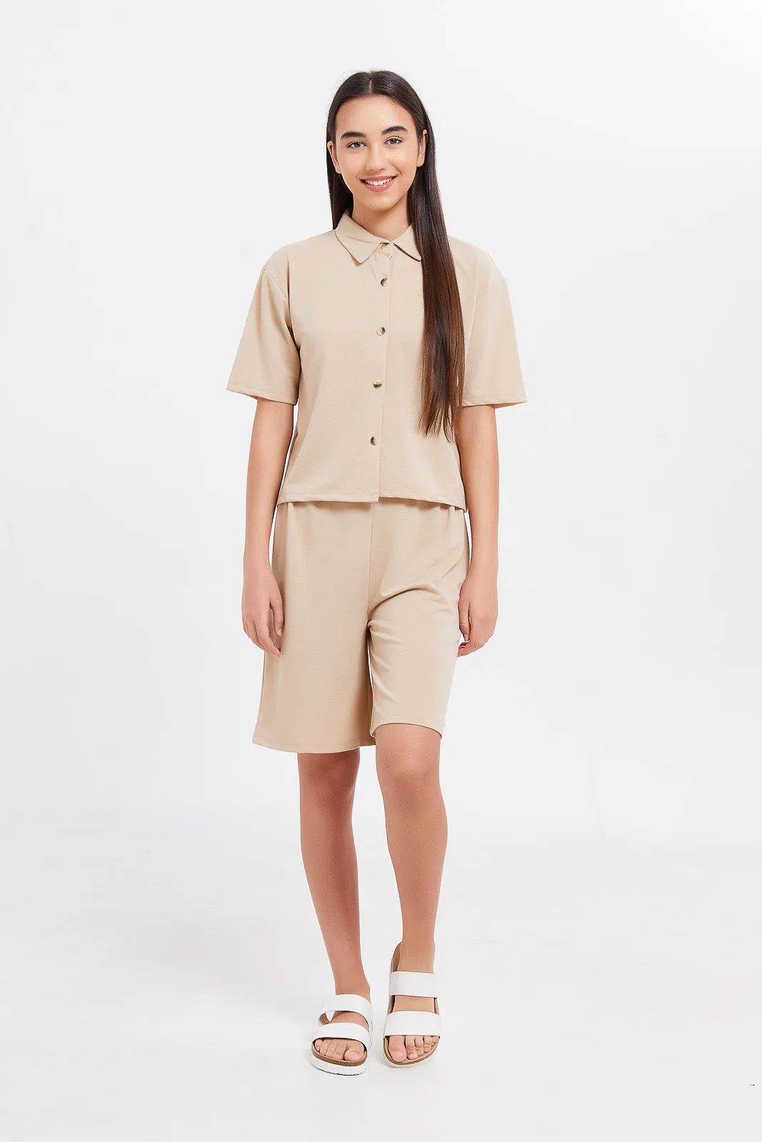 Senior Girls Beige Polo Front Placket Shirt