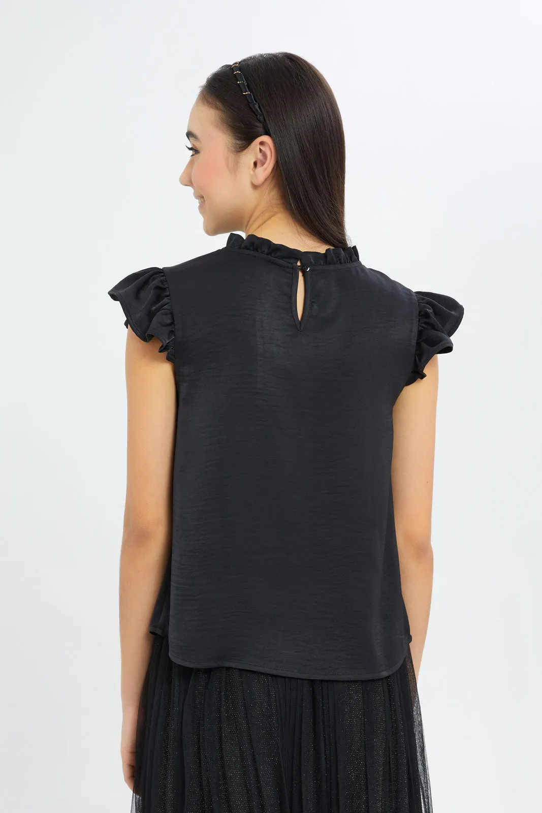 Senior Girls Black Ruffled Sleeves Blouse