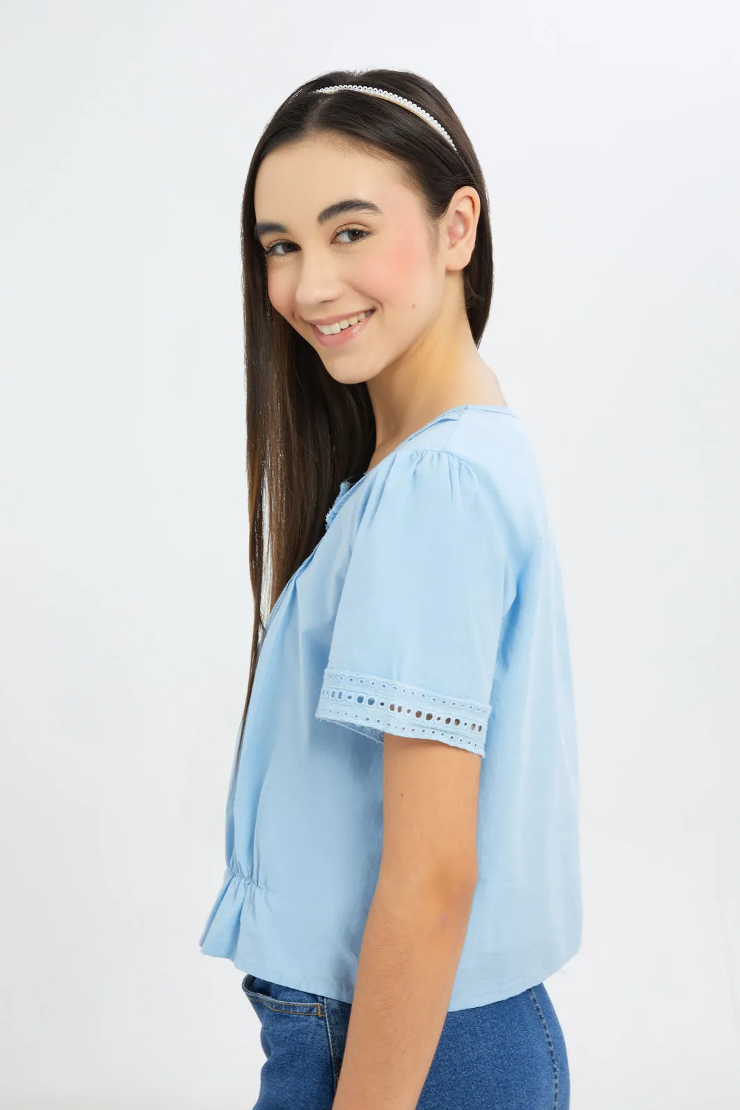 Senior Girls Blue Square Neck Crop Top