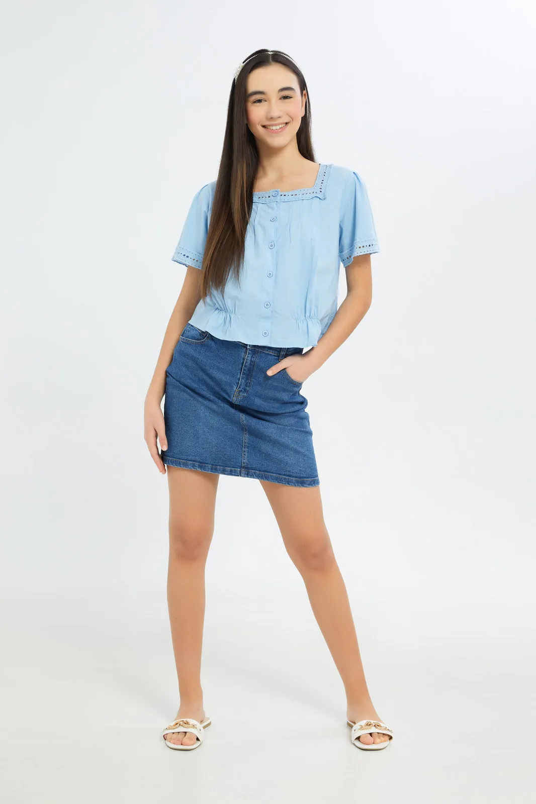 Senior Girls Blue Square Neck Crop Top