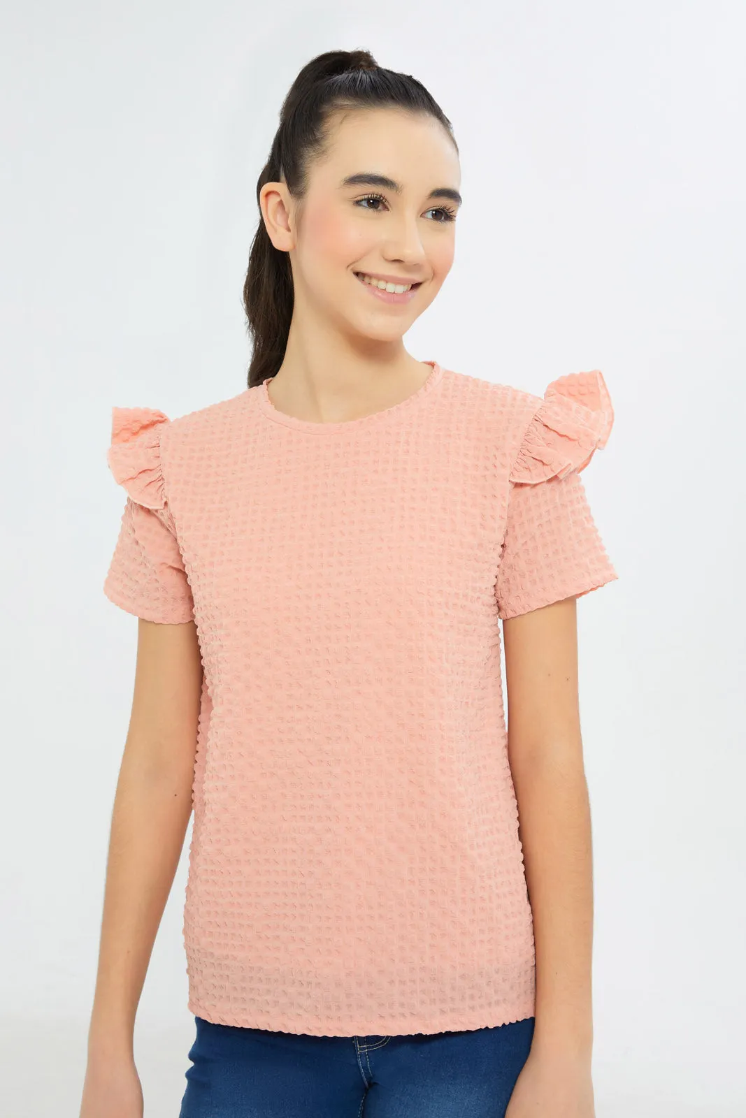 Senior Girls Pink Ruffled Jacquard Top