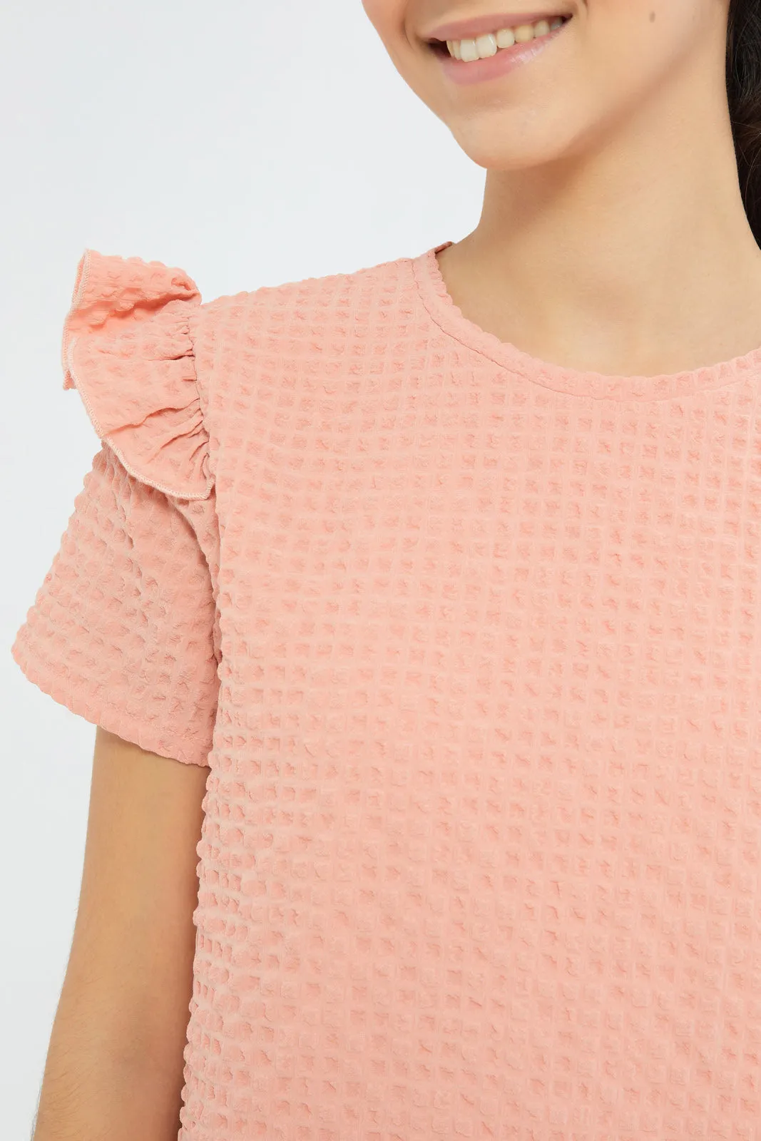 Senior Girls Pink Ruffled Jacquard Top