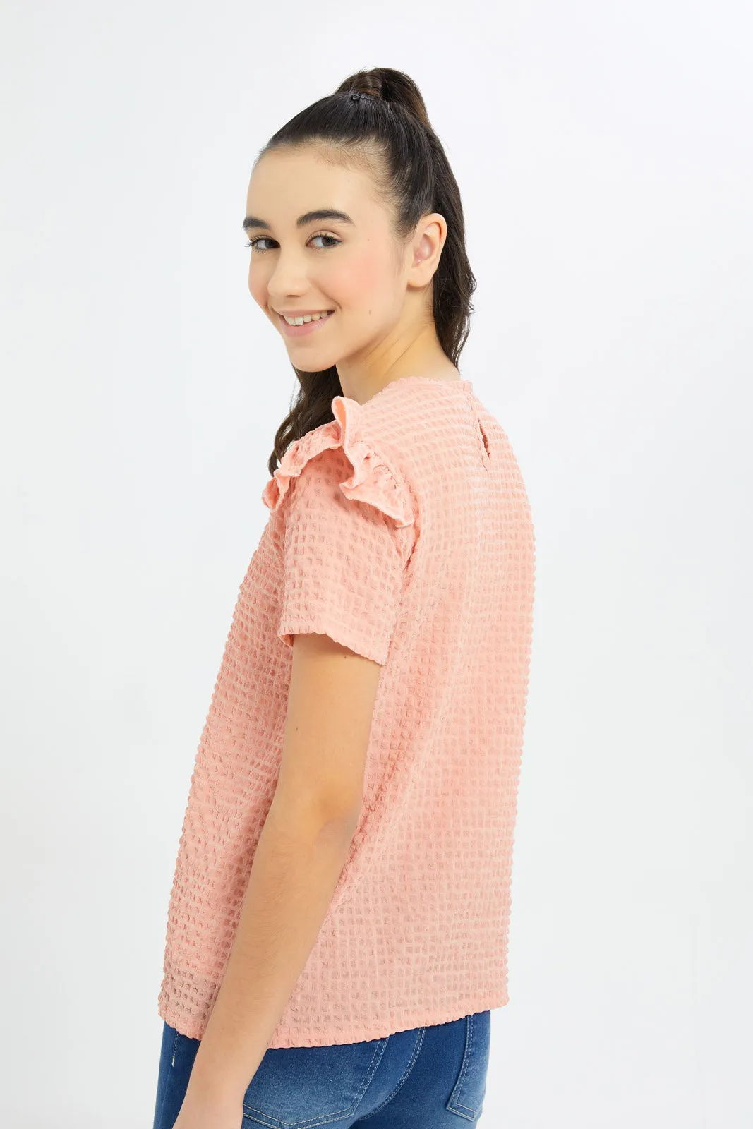 Senior Girls Pink Ruffled Jacquard Top