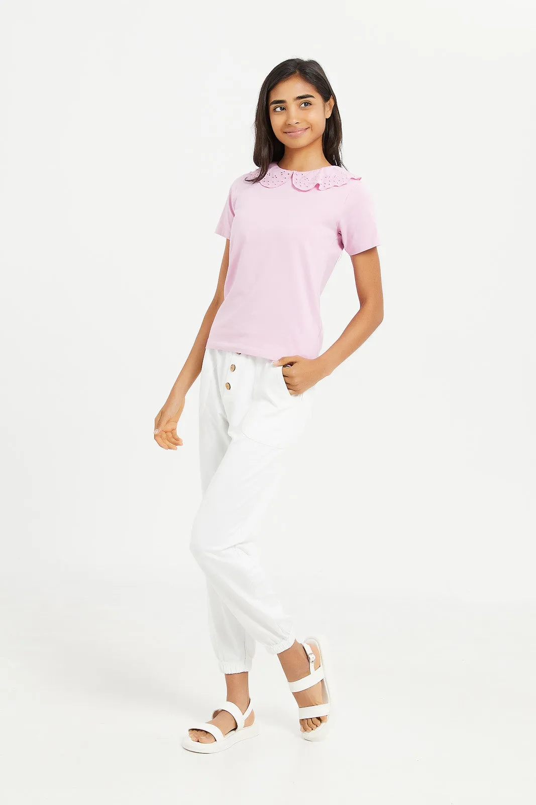 Senior Girls Pink Ruffled Sleeve Rib Top